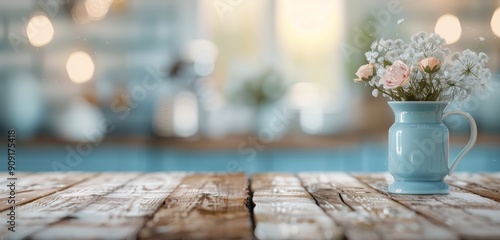 Wooden Table Surface With Blurred Lights At Sunset In A Cozy Kitchen