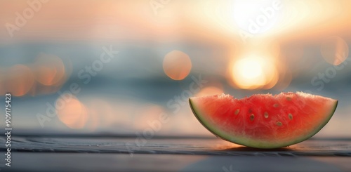 Slices of Watermelon on Wooden Table at Sunset by the Beach