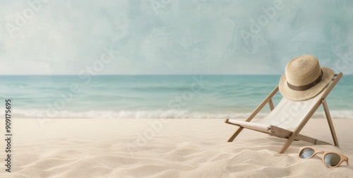Relaxing Beach Chair With Straw Hat by the Ocean on a Sunny Day