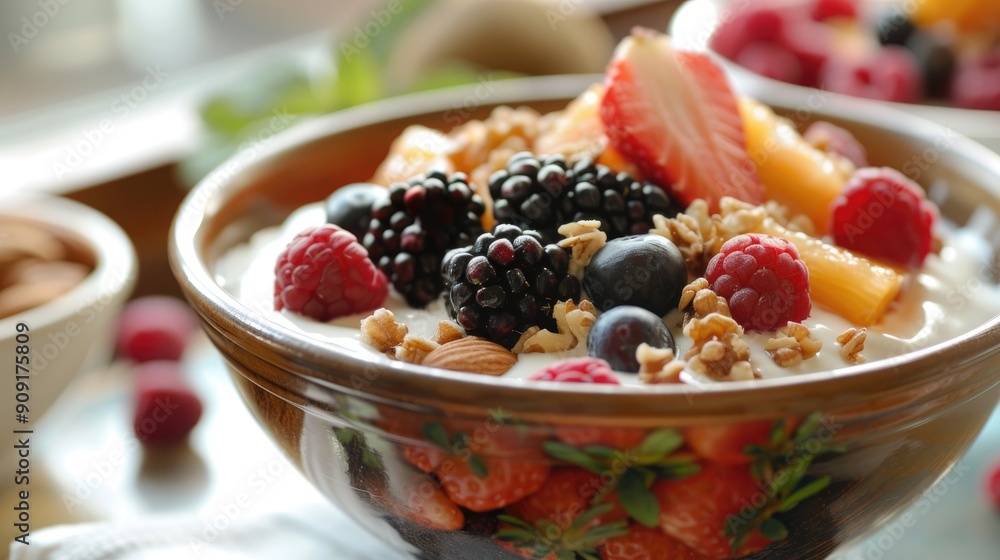 Tasty yogurt bowl with mixed fruits and nuts for a nutritious meal Tasty yogurt bowl with mixed fruits and nuts for a nutritious meal