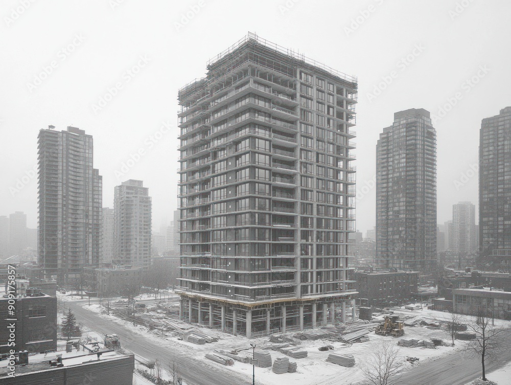 Fototapeta premium Construction of a high-rise building progresses amidst winter snow and fog