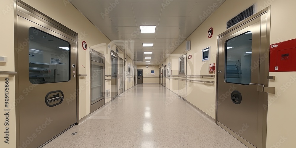 A nurse station in a healthcare facility showcases a bright, orderly corridor A nurse station in a healthcare facility showcases a bright, orderly corridor