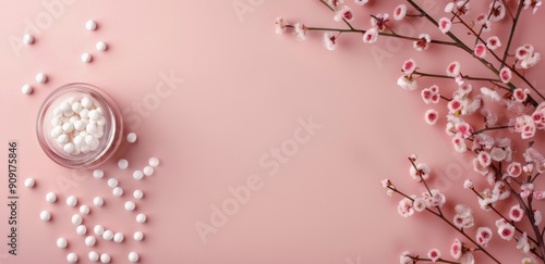 Floral Arrangement With Homeopathic Pellets and Cream on Soft Pink Background