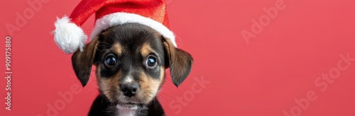 Cute Dog in Christmas Hat Against Red Background