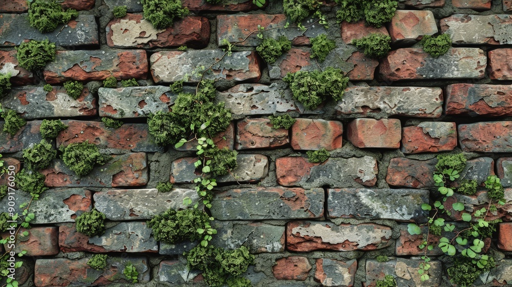 Rustic brick wall texture with weathered details and moss accents Rustic brick wall texture with weathered details and moss accents