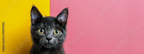 Curious Black Cat Against Bright Yellow And Pink Background