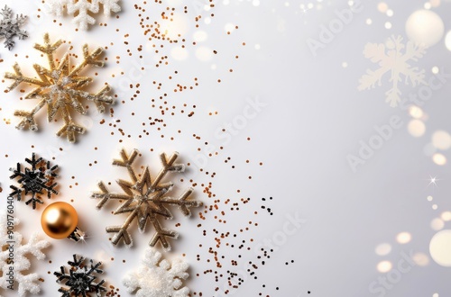 Glittering Snowflakes and Ornaments on a White Surface for Holiday Celebrations
