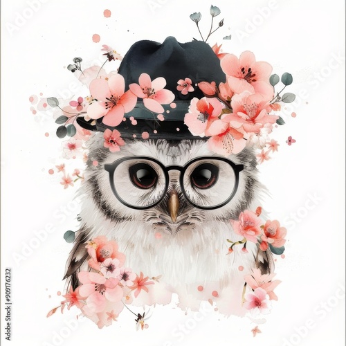 Stylish Owl Surrounded by Flowers on a Soft Pink Background