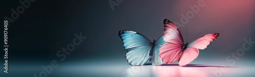 Blue and Pink Butterflies on a Smooth Surface in Soft Lighting
