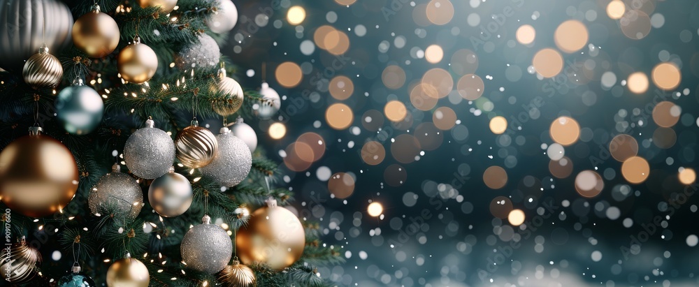 Festive Christmas Tree Decorated With Ornaments in a Glowing Winter Environment Festive Christmas Tree Decorated With Ornaments in a Glowing Winter Environment