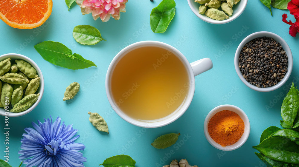 A soothing cup of herbal tea surrounded by various spices and fresh ingredients, including cardamom, orange, turmeric, and flowers, set on a light blue background.
A soothing cup of herbal tea surrounded by various spices and fresh ingredients, including cardamom, orange, turmeric, and flowers, set on a light blue background.