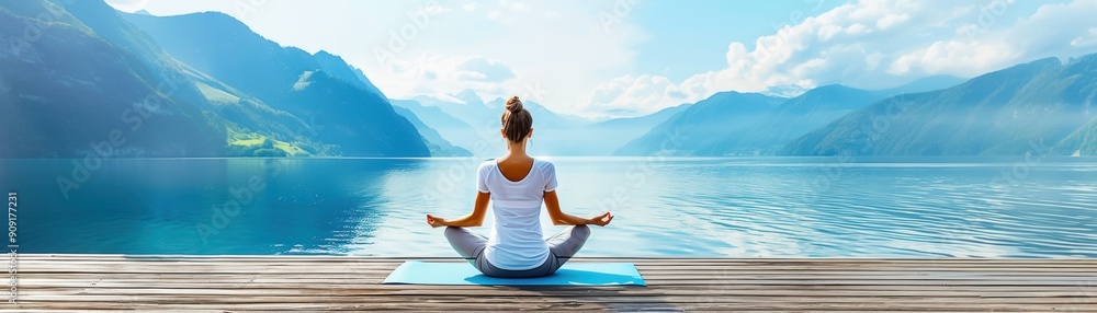Fototapeta premium A person meditating by a tranquil lake surrounded by mountains, embracing peace and mindfulness in a serene natural landscape.