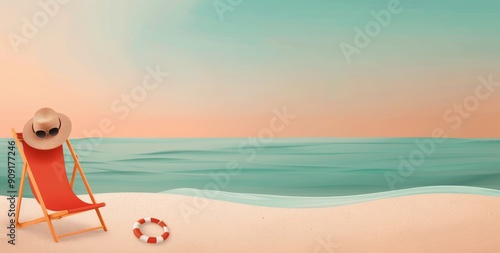 Relaxing Beach Chair With Straw Hat by the Ocean on a Sunny Day