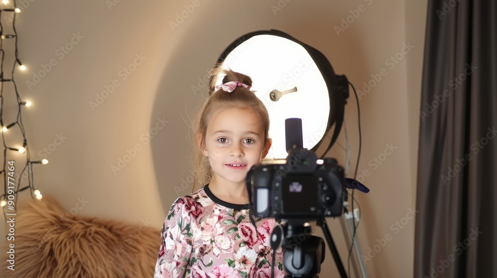 Little Beauty Blogger Dancing and Filming Videos at Home with Ring Light, Showcasing Youthful Creativity and Passion for Content Creation Little Beauty Blogger Dancing and Filming Videos at Home with Ring Light, Showcasing Youthful Creativity and Passion for Content Creation