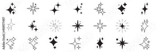 Black stars icon set. Stars collection. Star icon collection. Different star shapes. Sparkle star icon set. Isolated on white background. EPS 10