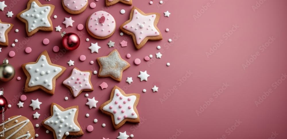 Festive Cookie Arrangement With Gingerbread and Icing on a Red Background Festive Cookie Arrangement With Gingerbread and Icing on a Red Background