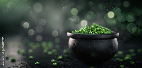 Fresh Green Coffee Beans in a Black Bowl With Sparkling Background