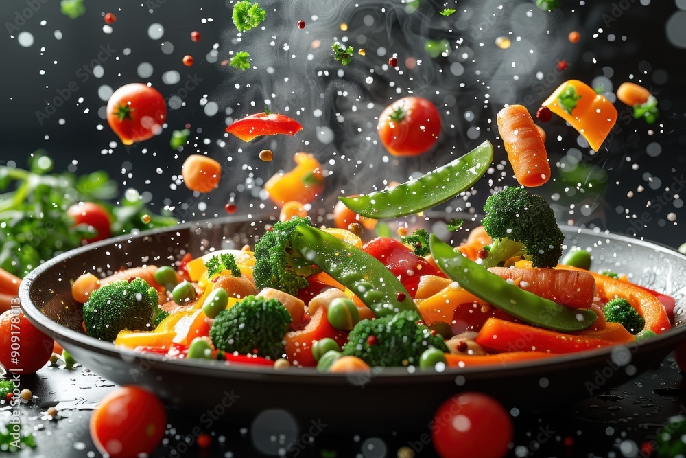 Stir fry the vegetables that are scattered in the pan bokeh style background Stir fry the vegetables that are scattered in the pan bokeh style background