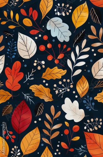 Colorful Autumn Leaves Pattern on Navy Background