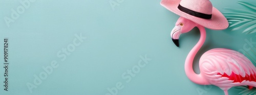 Flamingo Wearing Straw Hat Against Pastel Background