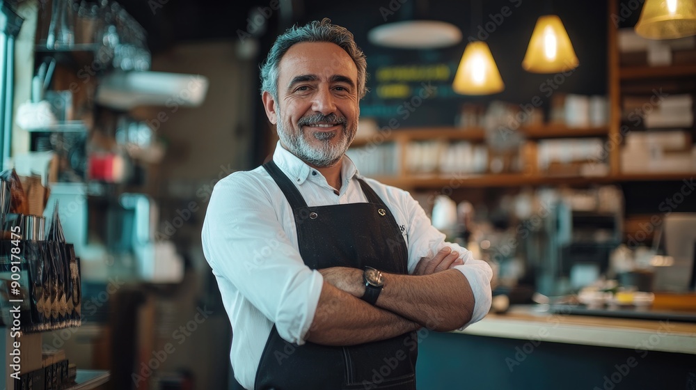 A man with a white shirt and a black apron stands in front of a counter with a smile on his face A man with a white shirt and a black apron stands in front of a counter with a smile on his face
