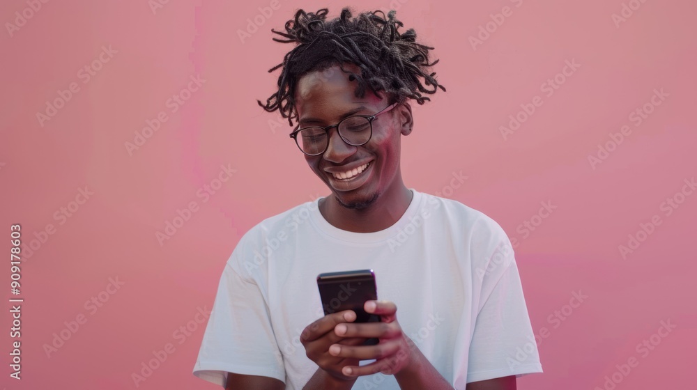 Young adult on a smartphone, texting with a smile Young adult on a smartphone, texting with a smile