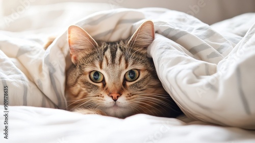 A cat is laying on a bed with a blanket over it. The cat is looking at the camera with its eyes wide open