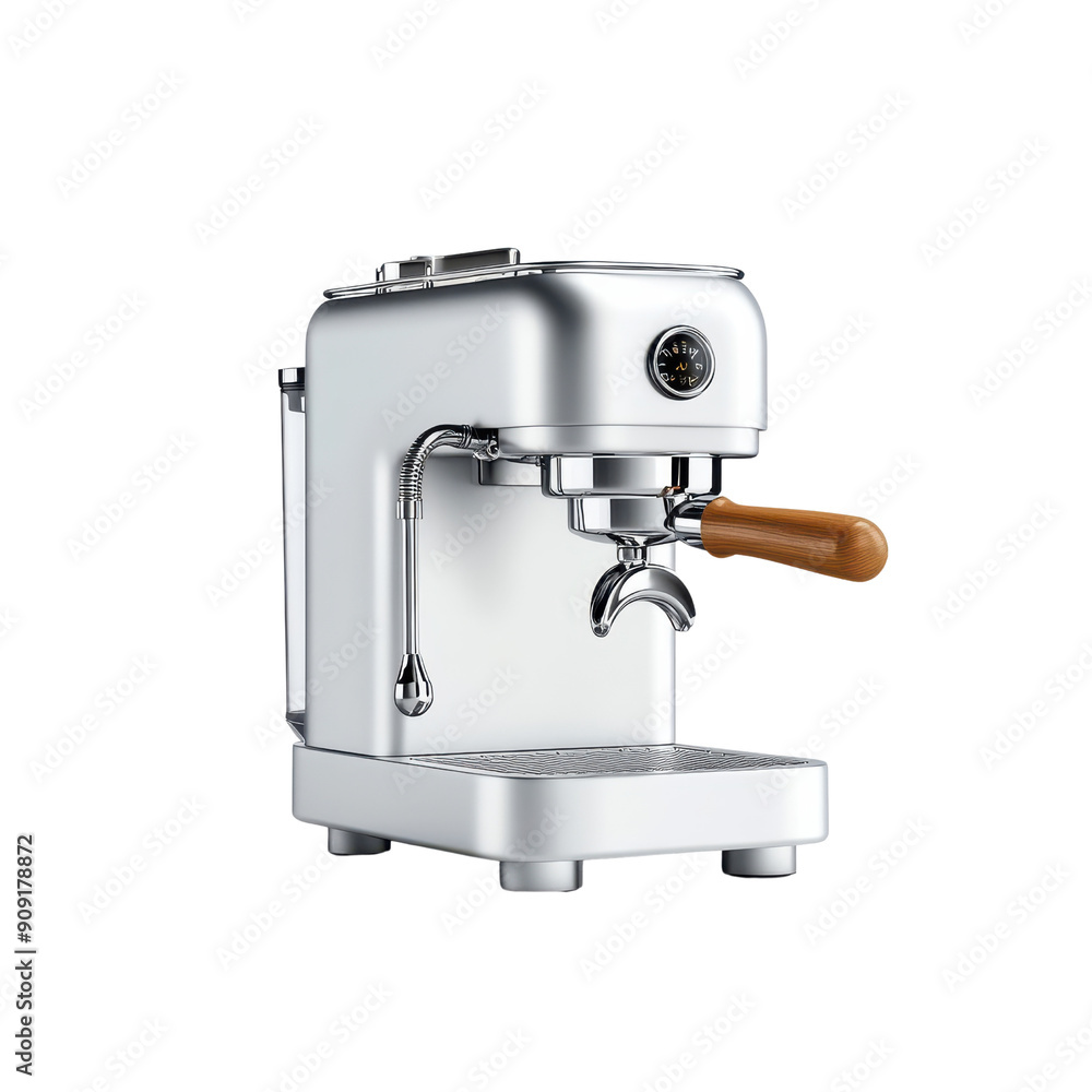 A silver espresso machine with a wooden handle A silver espresso machine with a wooden handle