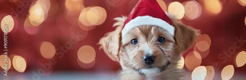 Cute Dog in Christmas Hat Against Red Background