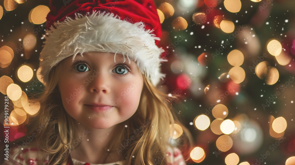 Portrait of cute little girl in Santa hat near christmas tree Portrait of cute little girl in Santa hat near christmas tree