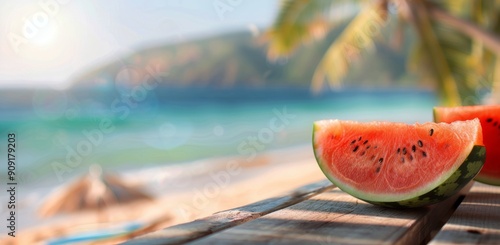 Refreshing Watermelon Slices on Beachside Table During Sunset