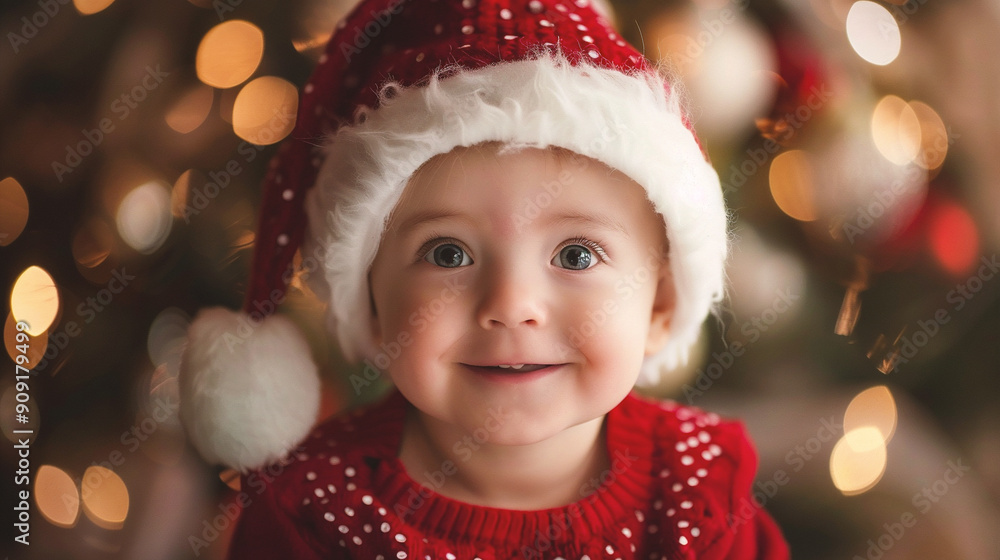 Portrait of cute baby girl in Santa hat on christmas background Portrait of cute baby girl in Santa hat on christmas background