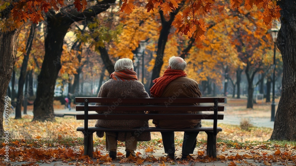 Elderly couple sitting on a park bench, enjoying the vibrant fall ...