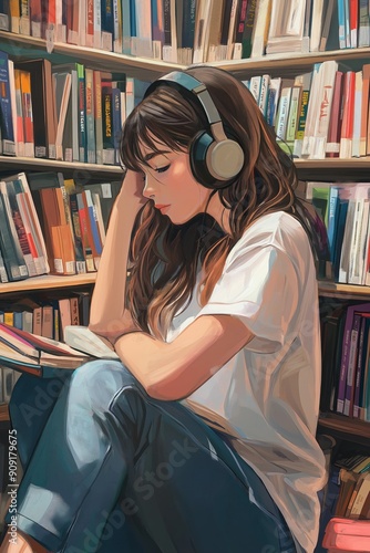 A young woman is deeply engrossed in reading a book while wearing headphones in a library. tranquil setting, a young woman finds joy in a book while listening to calming music in a library. Anime