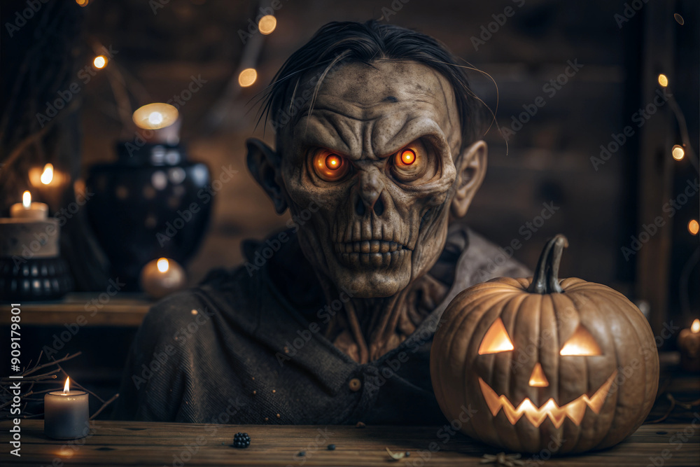 Scary Halloween Skeleton with Glowing Eyes and Jack o Lantern in Spooky Candlelit Scene Scary Halloween Skeleton with Glowing Eyes and Jack o Lantern in Spooky Candlelit Scene