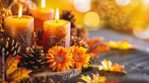 Burning candles with autumn leaves and pine cones on blurred background