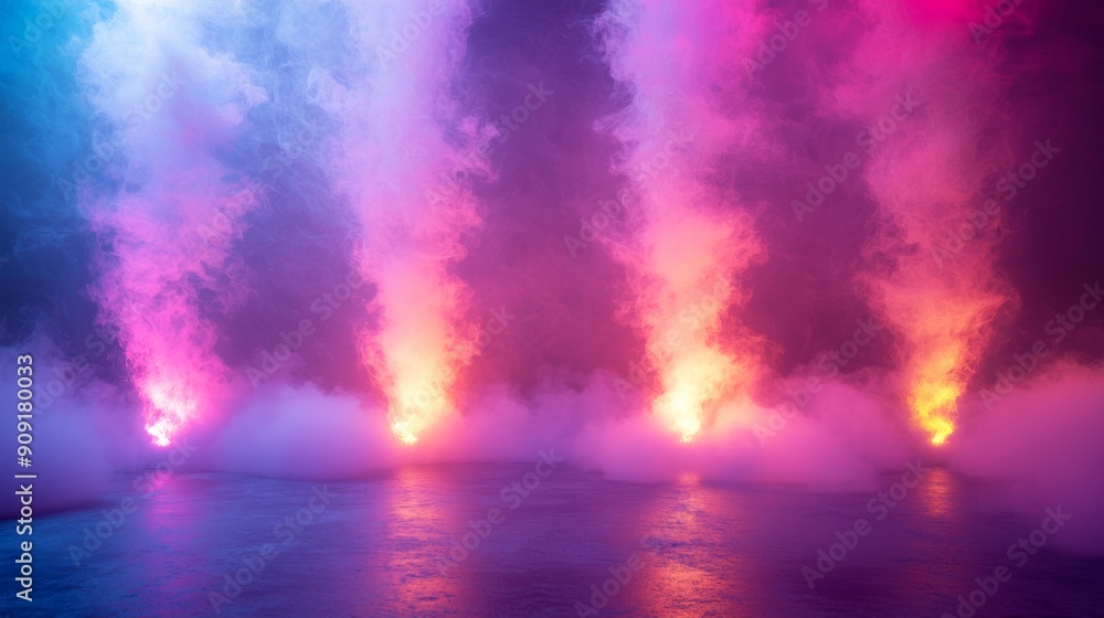 Colorful fog and light effects create a vibrant atmosphere with purple and orange hues illuminating a misty scene Colorful fog and light effects create a vibrant atmosphere with purple and orange hues illuminating a misty scene