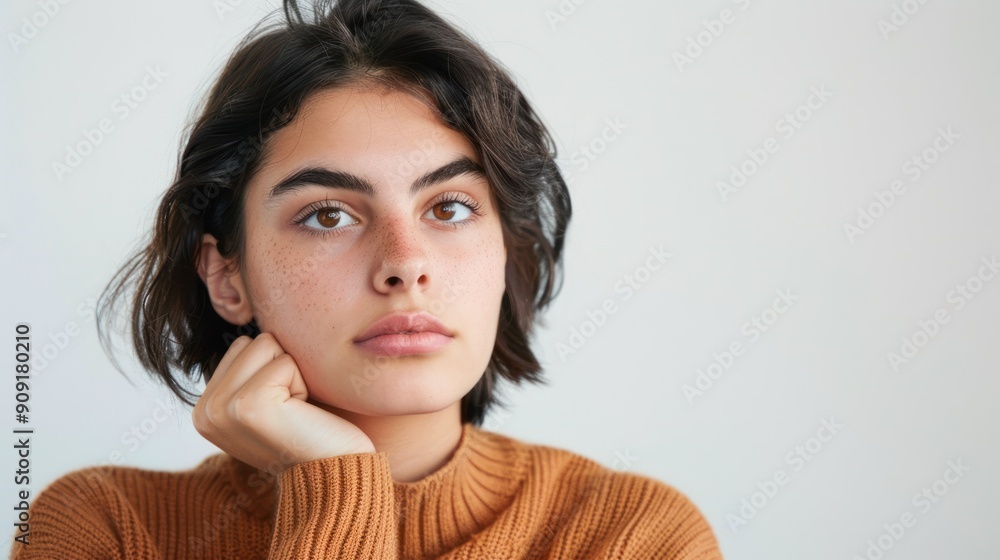 Portrait of a young adult looking thoughtful with furrowed brows Portrait of a young adult looking thoughtful with furrowed brows