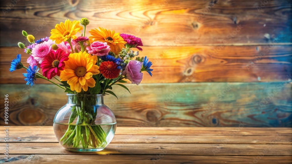Vase with colorful flowers on a wooden table, floral arrangement, home decor, interior design, blooming, still life Vase with colorful flowers on a wooden table, floral arrangement, home decor, interior design, blooming, still life