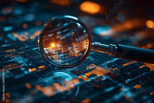 A magnifying glass over a digital data grid, highlighting illuminated information in an abstract, futuristic style, conveying themes of technology and analysis