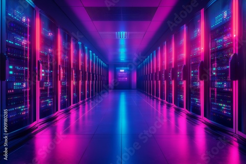 A vibrant  futuristic data center illuminated with neon pink and blue lights  showcasing rows of server racks and a sleek  reflective floor