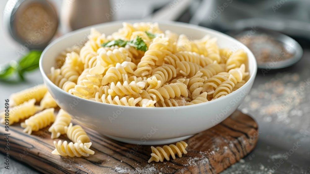 Italian tradition Rooster comb pasta in a white bowl on wooden board Italian tradition Rooster comb pasta in a white bowl on wooden board