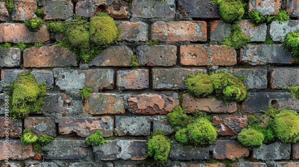 Rustic brick wall texture with weathered details and moss accents Rustic brick wall texture with weathered details and moss accents