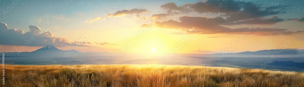 Panoramic view of a serene landscape during sunset, with golden wheat fields and a majestic mountain in the background. Panoramic view of a serene landscape during sunset, with golden wheat fields and a majestic mountain in the background.
