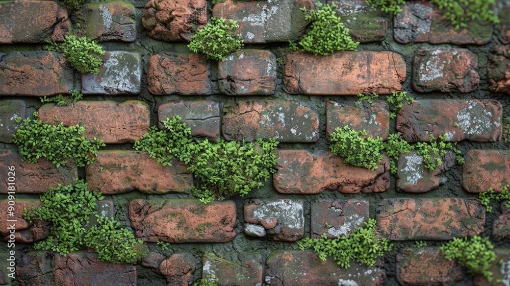 Rustic brick wall texture with weathered details and moss accents Rustic brick wall texture with weathered details and moss accents