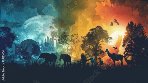 Abstract representation of Discovery Channel themes with nature and wildlife images photo