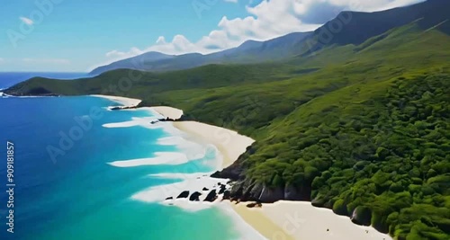 View of a beach from top of the mountain drone view 4k