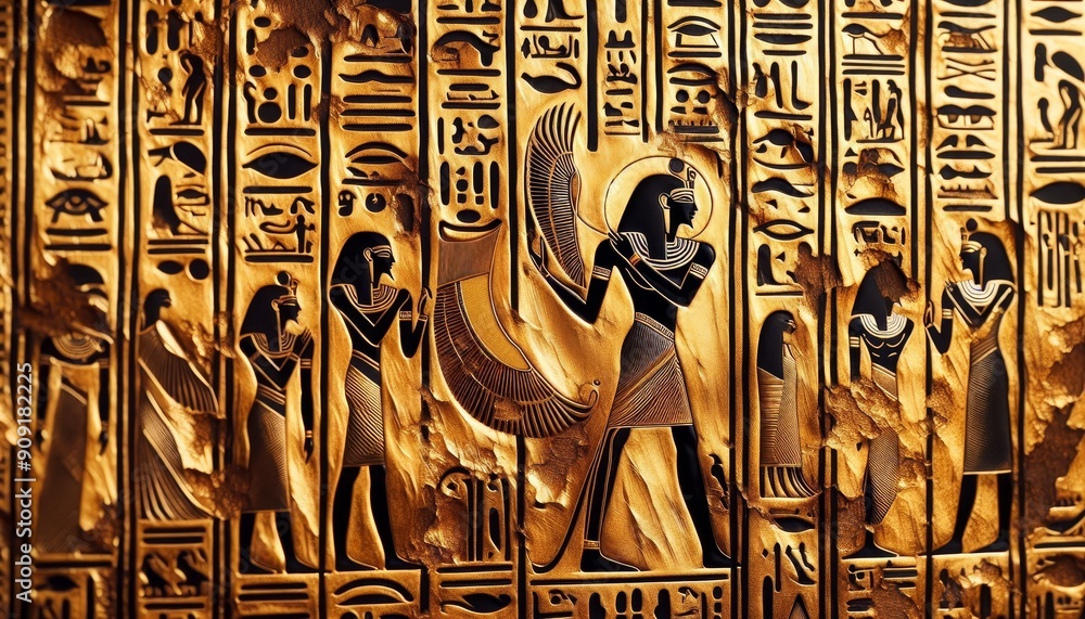 Ancient Egyptian Hieroglyphs and Figures on a Stone Wall - A close-up ...