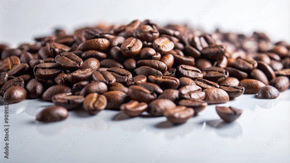Fototapeta premium Close-up of Roasted Coffee Beans Scattered on a White Surface