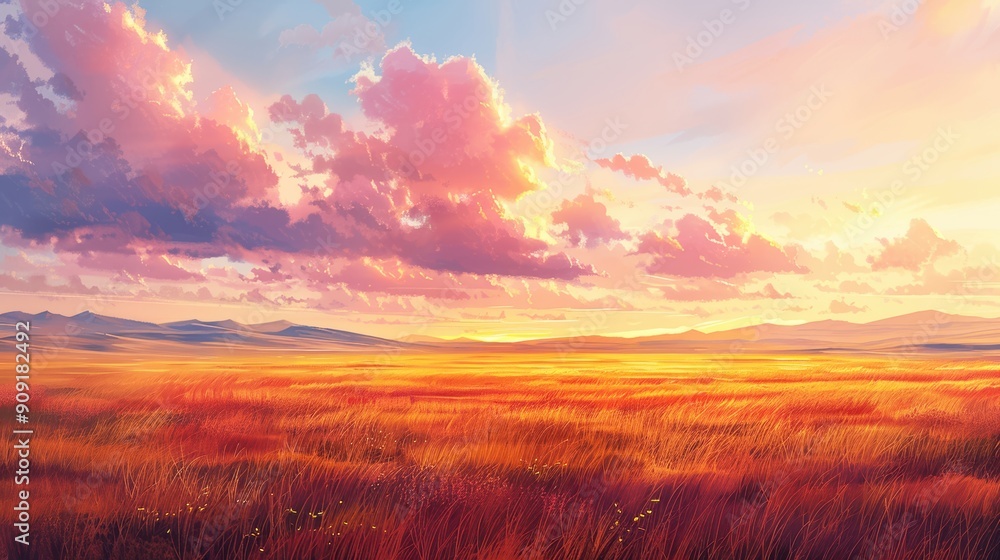 Stunning sunset over a serene grassland, illuminating the sky with vibrant pink and orange hues, creating a picturesque landscape scene. Stunning sunset over a serene grassland, illuminating the sky with vibrant pink and orange hues, creating a picturesque landscape scene.